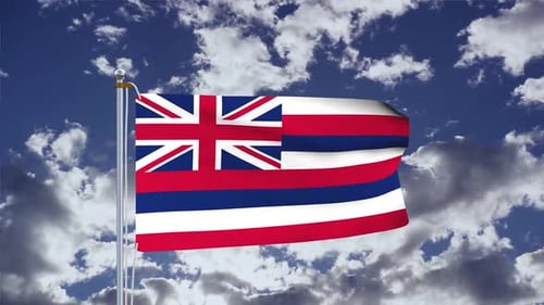 Hawaii Flag Waving in Blue Sky with Clouds