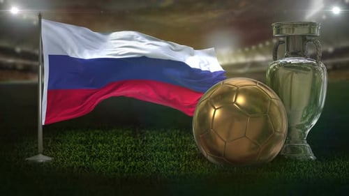 Russian Flag Waving with Golden Football and Silver Trophy