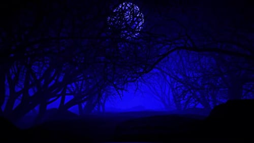 Eerie Dark Forest Background with Glowing Blue Geometric Moon