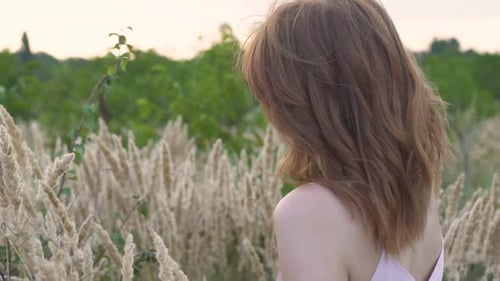 Closeup Portrait of a Young Attractive Redhaired Woman in a Field with Spikelets