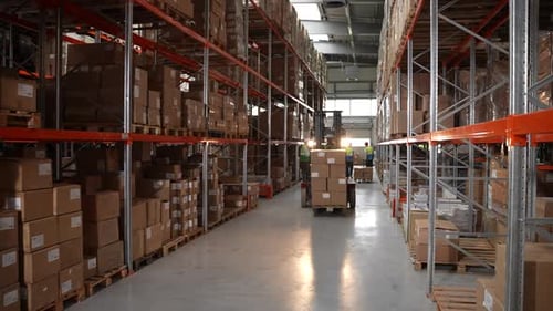 Forklift Loading Boxes on Shelf in Warehouse