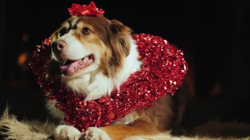 Portrait of a Cute Dog with a Collar in the Shape of a Heart. Valentine's Day Concept