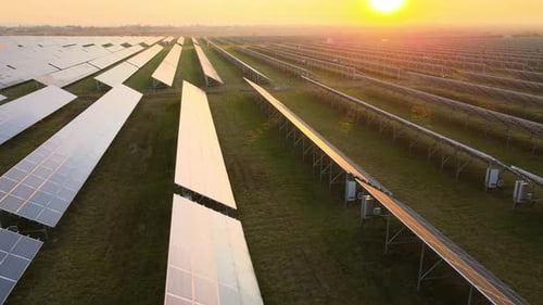 Aerial View of Big Sustainable Electric Power Plant with Many Rows of Solar Photovoltaic Panels for