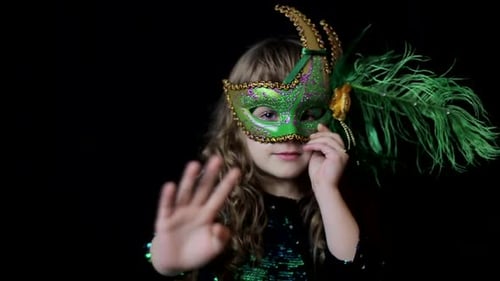 The Face of a Little Girl in a Traditional Venetian Carnival Costume and a Wig Happy Baby