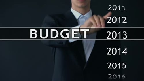 2018 Budget, Businessman Selects File on Virtual Screen, Annual Financial Report