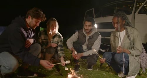 Friends roasting marshmallows at campfire in the night