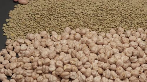 Mixed legumes dry beans, lentils, chickpeas rotating. Mediterranean diet, healthy nutrition, vegan o