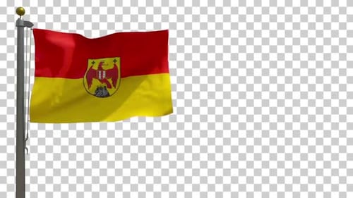 Red and Yellow Flag with Eagle Coat of Arms Waving
