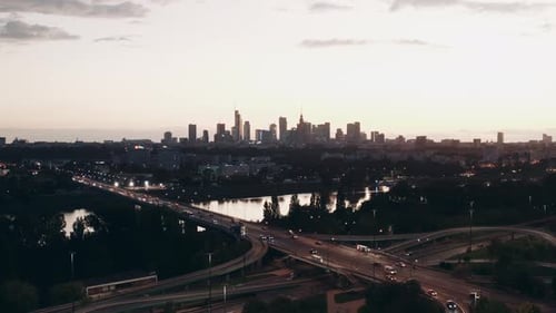 Establishing Sunset Aerial View of Warsaw Poland in Evening