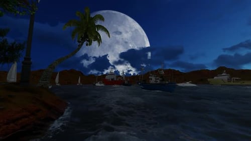 Moonlit Tropical Night Ocean with Boats and Palm Tree