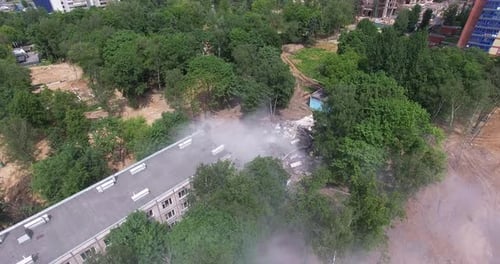 Aerial View of Half Demolished Old Panel Apartment House