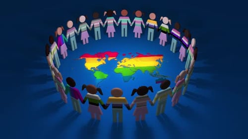 3D-Ausschnitt LGBTQ-Menschen in Silhouetten, die einen geschlungenen Kreis um den blauen Weltkarten-Hintergrund bilden