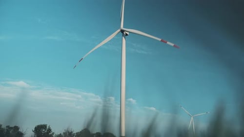 Motion Through Green Wheat to Wind Turbine Against Blue Sky