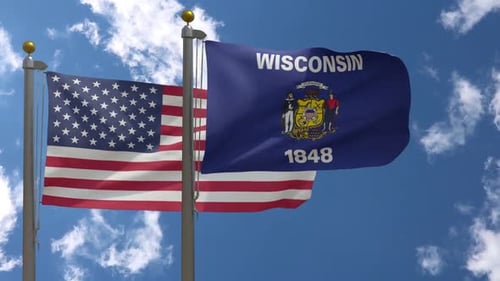 United States and Wisconsin State Flags Waving Loop