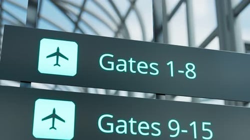 Guide sign showing way to different gates at the airport. Terminal. Blue. 4k HD