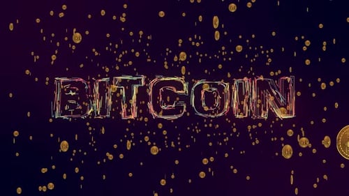 Futuristic Bitcoin Text Reveal with Falling Cryptocurrency Coins