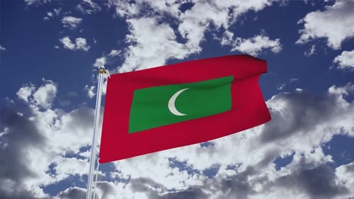 Maldives National Flag Waving with Realistic Clouds Background