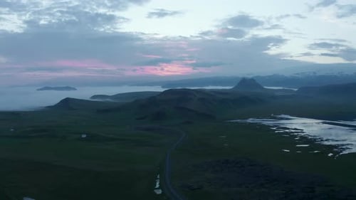 Birds Eye of Stunning Panorama of Iceland Coastline in Misty and Foggy Day