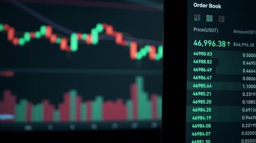 Close view of a screen with Stocks on it. Full Bitcoin info, prices, graphs, history, dynamis