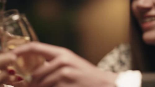 Friends Clink Drink Glasses Together on Group Meeting Celebration at Restaurant