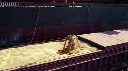 Bulk Carrier Loading Grain in Port Aerial Shot