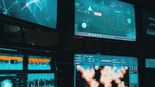 Lugar de trabajo futurista: varios teclados y monitores