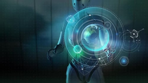 Robot AI Interacting with Futuristic Holographic Earth UI