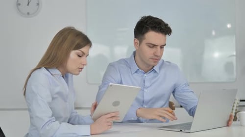 Two Colleagues Collaborating on Project in Bright Office