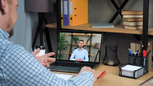 Businessman in Home Office Talk Top Manager Remote Video Call Webcam Chat Laptop