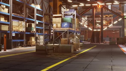 Huge Distribution Warehouse with Boxes on High Shelves