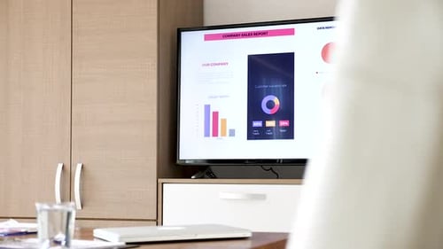 Revealing Shot Company Sales Report on Big Screen TV in Empty Conference Room