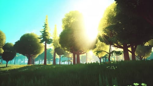 Cartoon Green Forest Landscape with Trees and Flowers