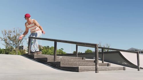 Low section of caucasian man riding and jumping on skateboard on sunny day