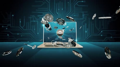 Cryptocurrency Falling into Laptop Screen Technology Animation