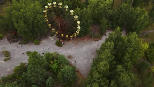 Aerial view of old abandoned Ferris wheel in the ghost town Pripyat