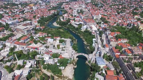 Aerial view of Mostar city on river Neretva in Bosnia