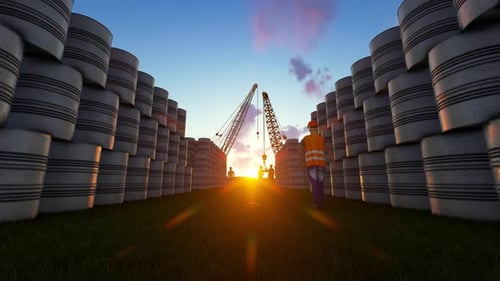 Construction Worker and Cranes at Industrial Site During Sunset 3D Animation
