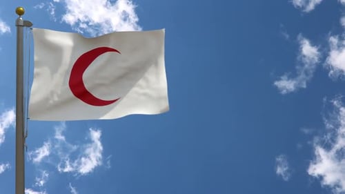 Realistic Red Crescent Flag Waving Against Blue Sky