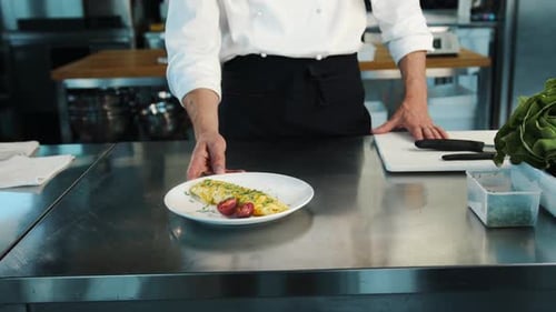 Professional restaurant kitchen, close-up: The chef serves an omelette