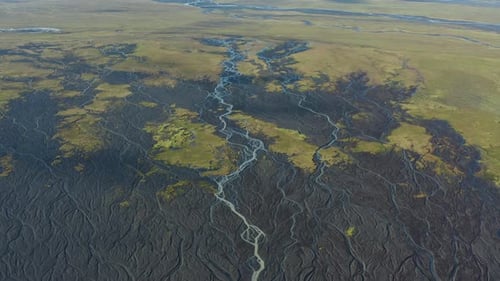 Drone Over Landscape With Dry Riverbed Of Braided River