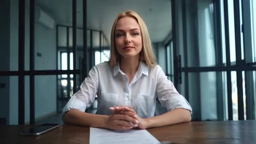 Webcam View of Female Hr Recruitment Manager Talking with Candidate During Distance Interview