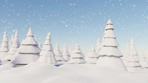 4K loop Animation. Snowflakes falling in a frozen forest with pine trees. Holiday and winter season