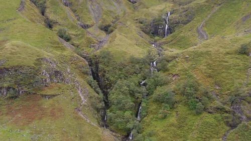 Aerial view of a waterfall in the highlands in Scotland