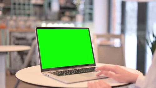 Woman Using Laptop with Green Chroma Key Screen Rear View