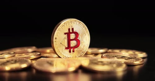 Close Up of Gold Bitcoin Cryptocurrency Coins
