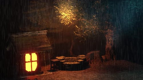 Rainy Night in Mysterious Forest with Glowing Well and Campfire