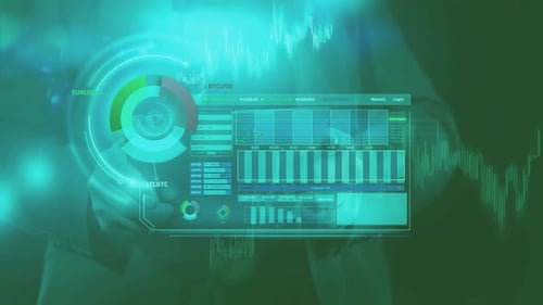 Futuristic Digital HUD Interface with Animated Data and Graphs