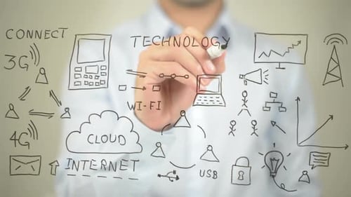 Technology, Businessman Writing on Transparent Screen