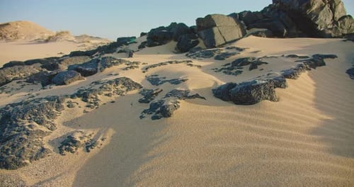 Sandy Perfectly Clean Beach Closeup Gusty Wind Sweeps Sand Particles Along the Beach