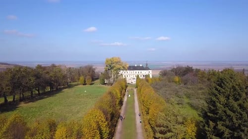 Aerial view of the Pidhirtsi Castle, located in the village of Pidhirtsi in Lviv Oblast, Ukraine